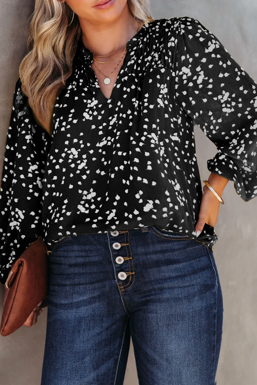 Black Plus Size Floral Print Ruched Split Neck Blouse sold by Beagle Boutique