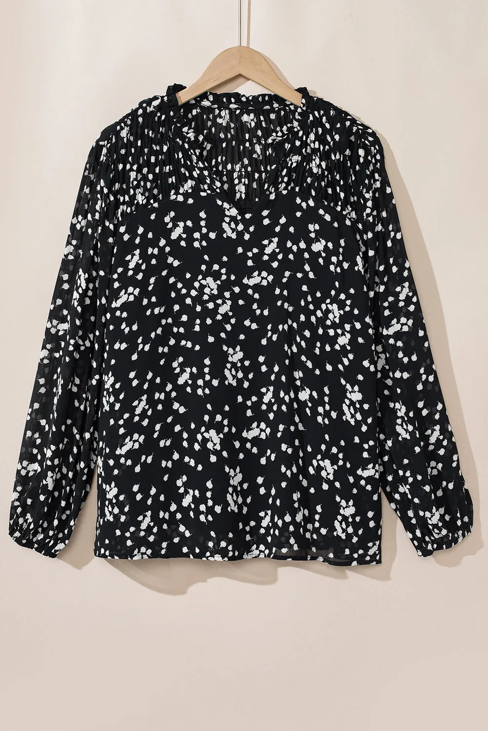 Black Plus Size Floral Print Ruched Split Neck Blouse sold by Beagle Boutique product image thumbnail 3