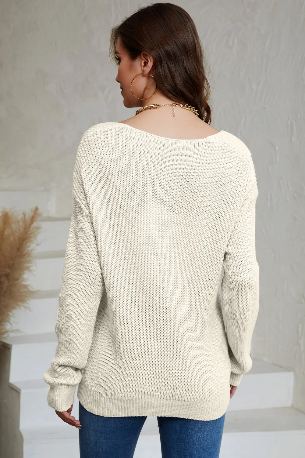 Beige Ribbed Knit V Neck Sweater sold by Beagle Boutique product image thumbnail 2
