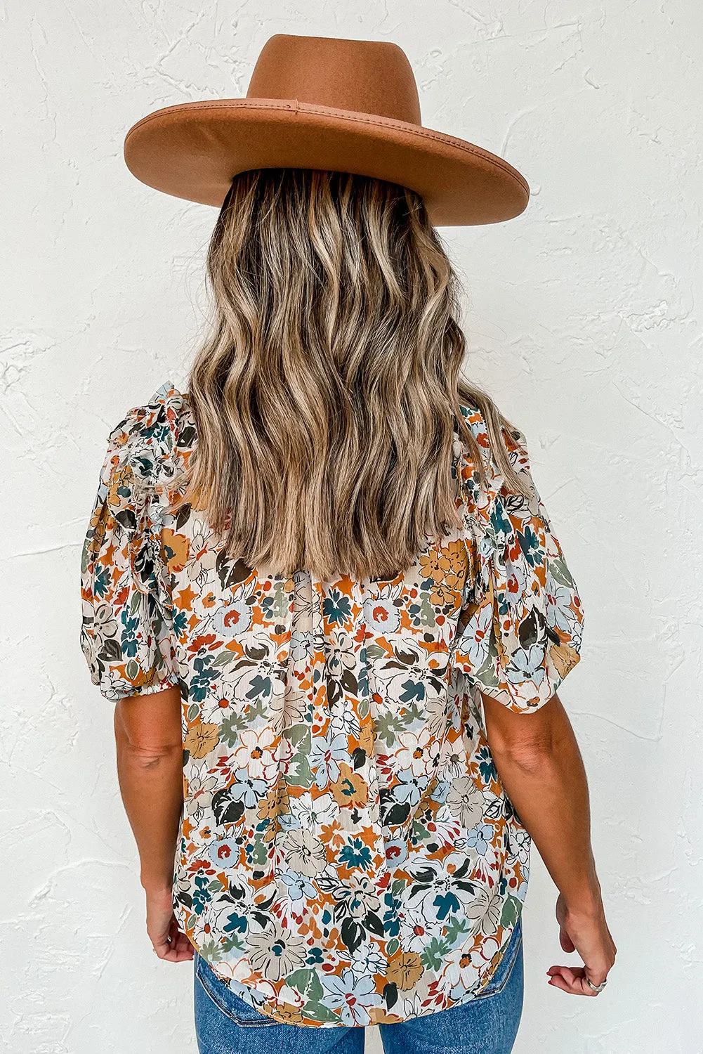 MultiColour Split V Neck Puff Sleeve Flower Print Blouse sold by Beagle Boutique product image thumbnail 2