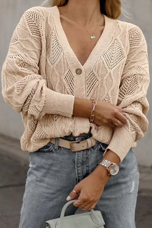 Apricot Plus Size Knitted Hollow out Button up Cardigan sold by Beagle Boutique