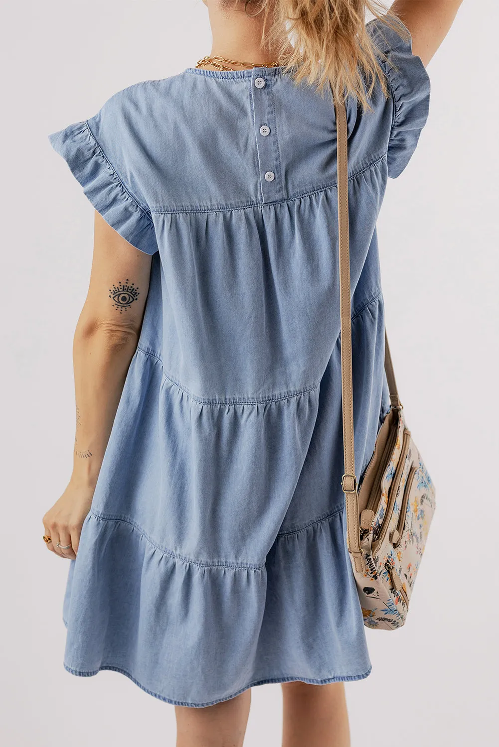 Beau Blue Ruffle Short Sleeve Tiered A-line Denim Dress sold by Beagle Boutique product image thumbnail 2