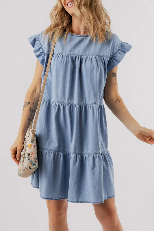 Beau Blue Ruffle Short Sleeve Tiered A-line Denim Dress sold by Beagle Boutique