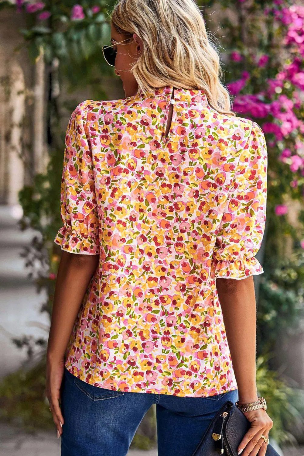 Yellow Boho Floral Ruffle Short Sleeve Frill Mock Neck Blouse sold by Beagle Boutique product image thumbnail 5