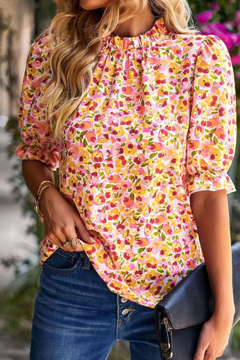 Yellow Boho Floral Ruffle Short Sleeve Frill Mock Neck Blouse sold by Beagle Boutique product image thumbnail 4