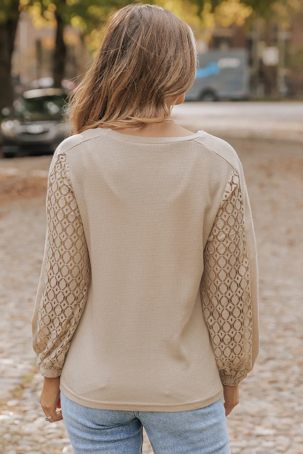 Light French Beige Lace Patch Sleeve Waffle Knit Top sold by Beagle Boutique product image thumbnail 2