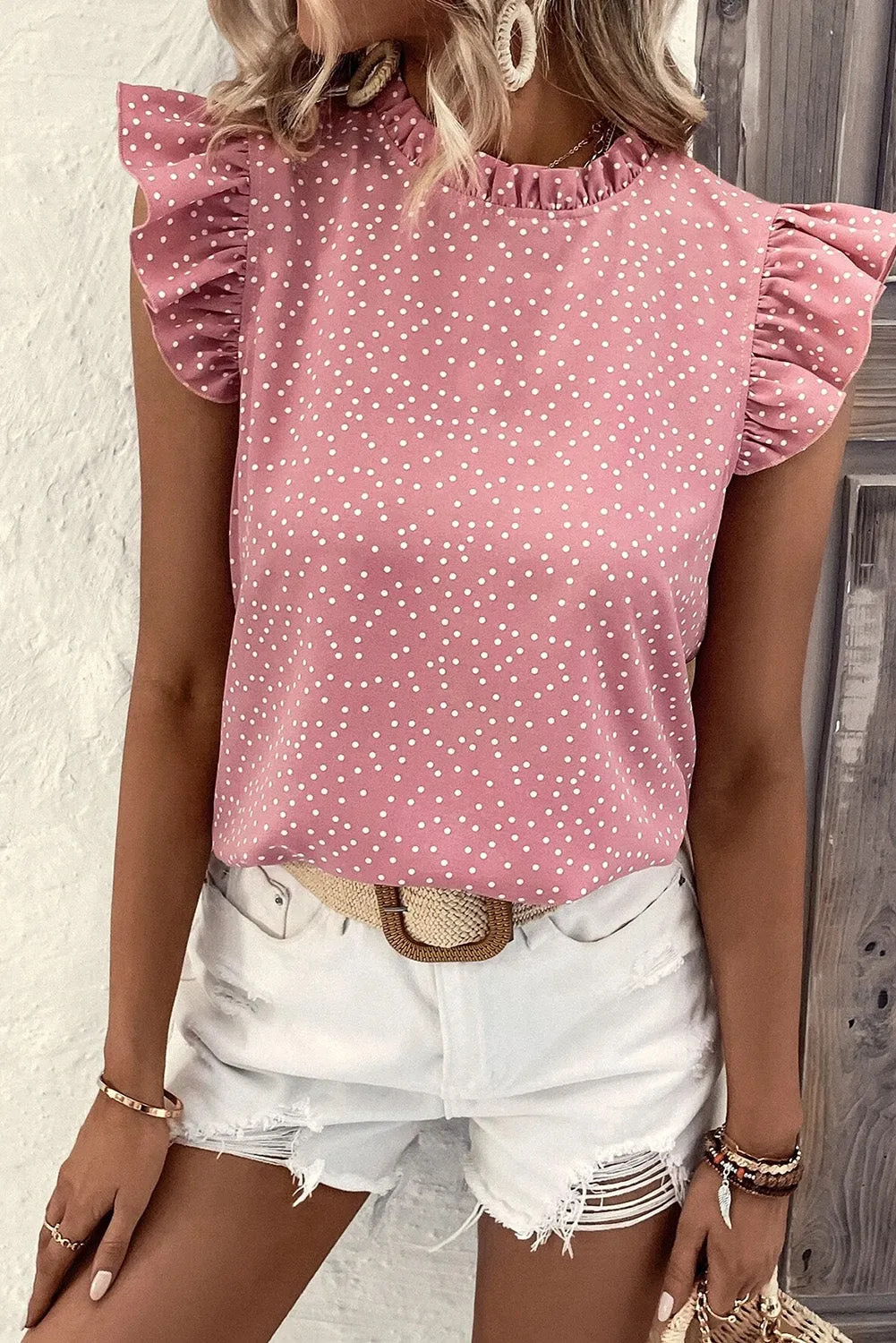 Pink Polka Dots Ruffle Flutter Sleeve Frilled Neck Blouse sold by Beagle Boutique product image thumbnail 3