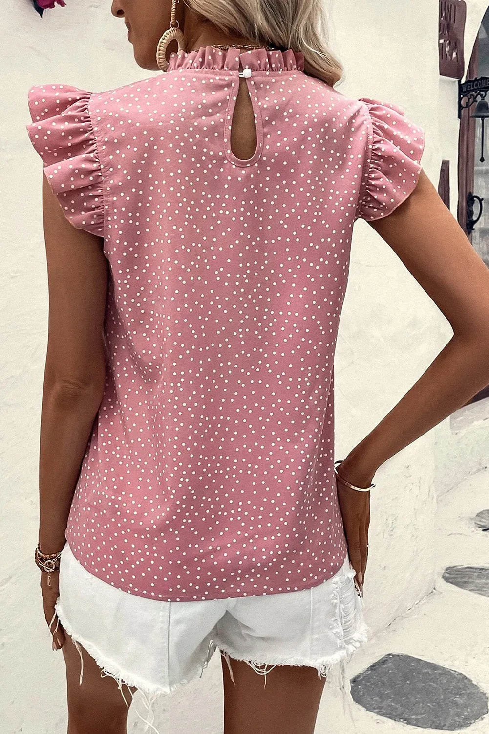 Pink Polka Dots Ruffle Flutter Sleeve Frilled Neck Blouse sold by Beagle Boutique product image thumbnail 2