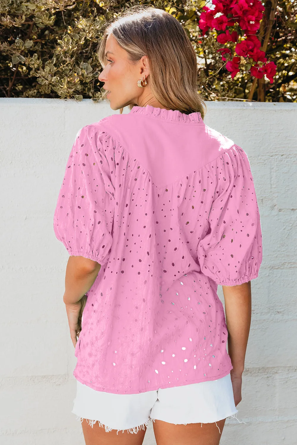 Bonbon Flower Embroidered Hollow-out Puff Sleeve Blouse sold by Beagle Boutique product image thumbnail 2