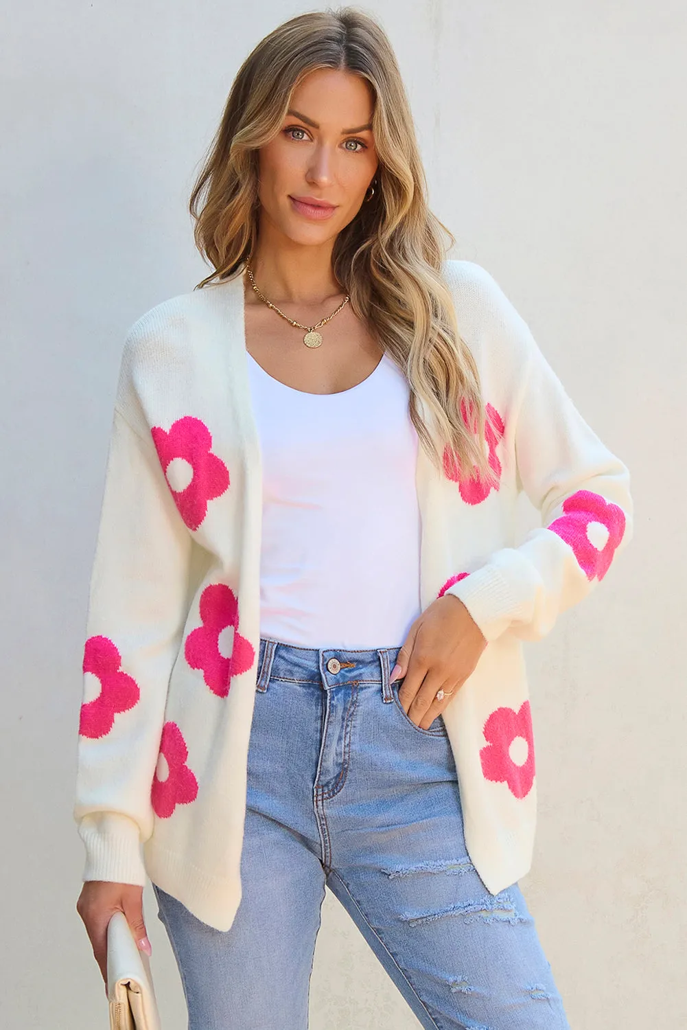 Rose Red Flower Pattern Open Front Cardigan sold by Beagle Boutique
