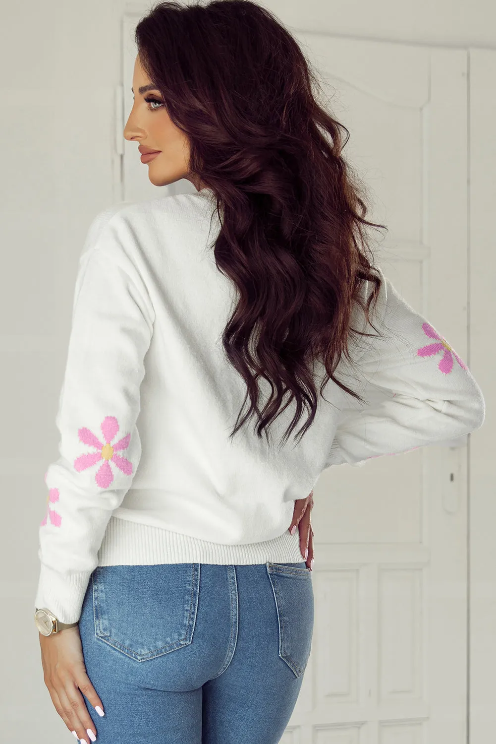 White Flower Pattern Ribbed Edge Elegant Sweater sold by Beagle Boutique product image thumbnail 2