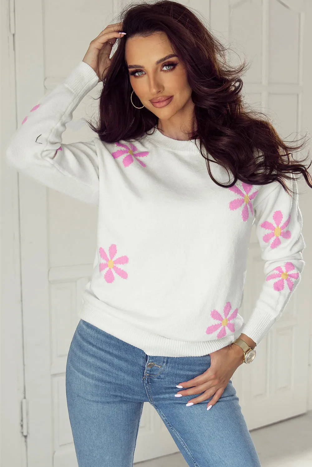 White Flower Pattern Ribbed Edge Elegant Sweater sold by Beagle Boutique
