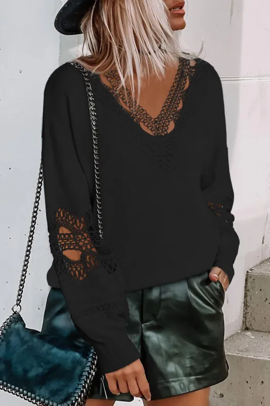 Black Hollowed Lace Splicing V Neck Loose Sweater sold by Beagle Boutique