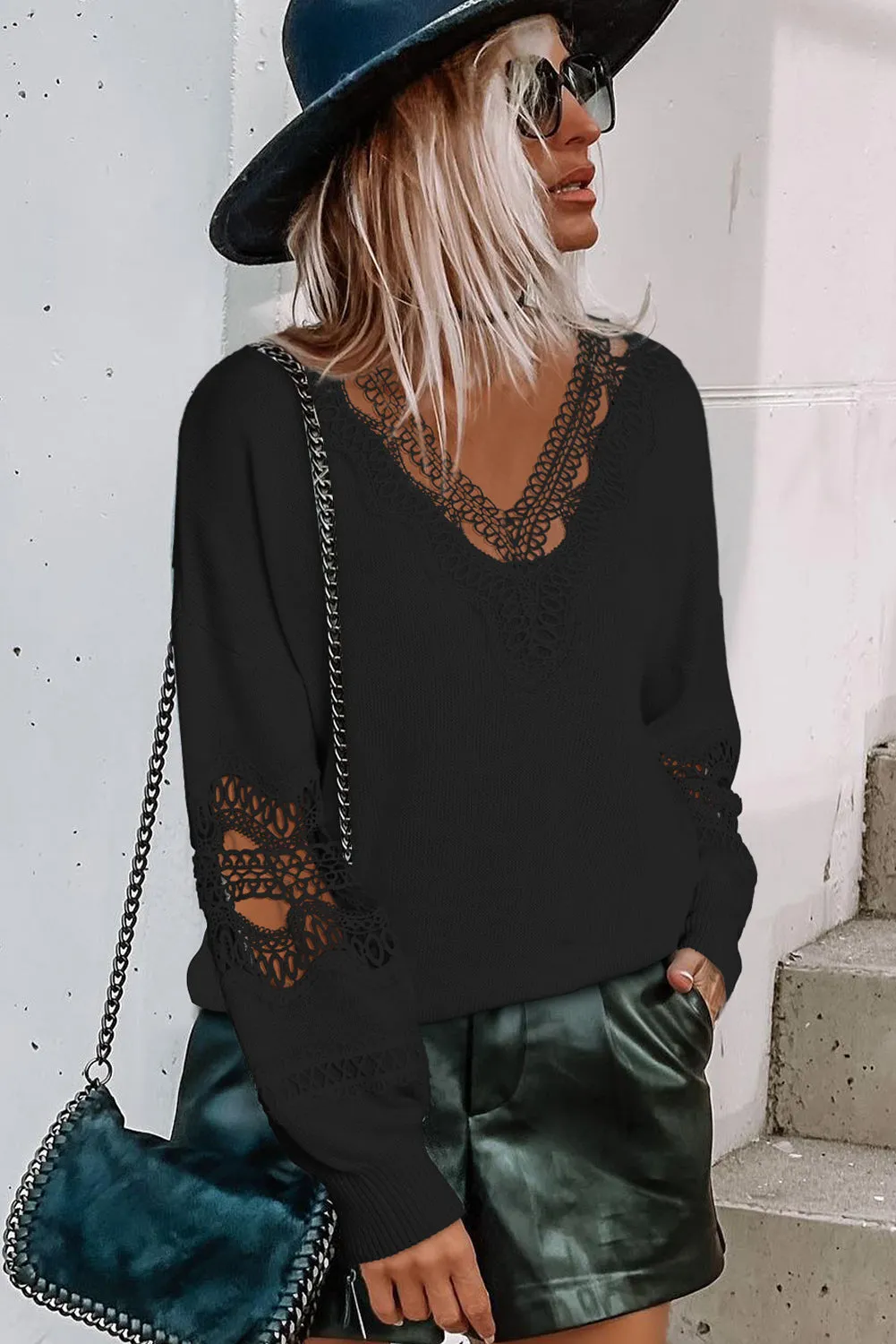 Black Hollowed Lace Splicing V Neck Loose Sweater sold by Beagle Boutique product image thumbnail 3