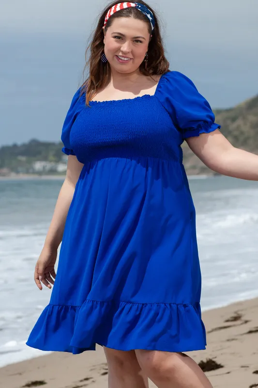 Dark Blue Shirred Ruffled Square Neck Plus Size Mini Dress sold by Beagle Boutique