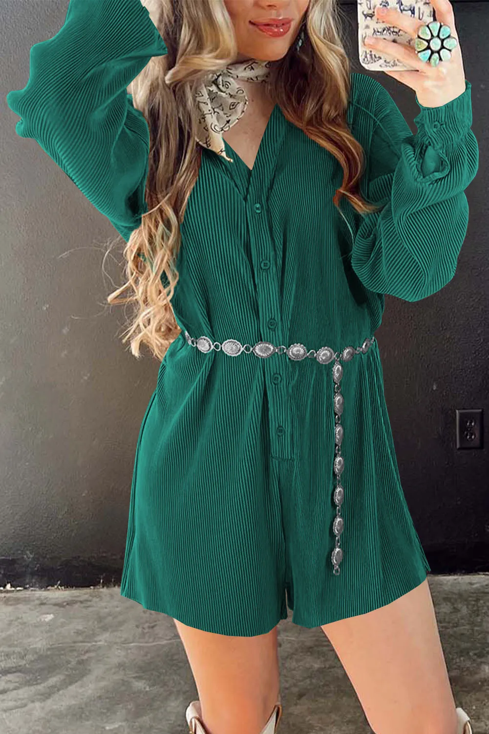 Sea Green Ribbed Long Sleeve Button Front Romper sold by Beagle Boutique product image thumbnail 3