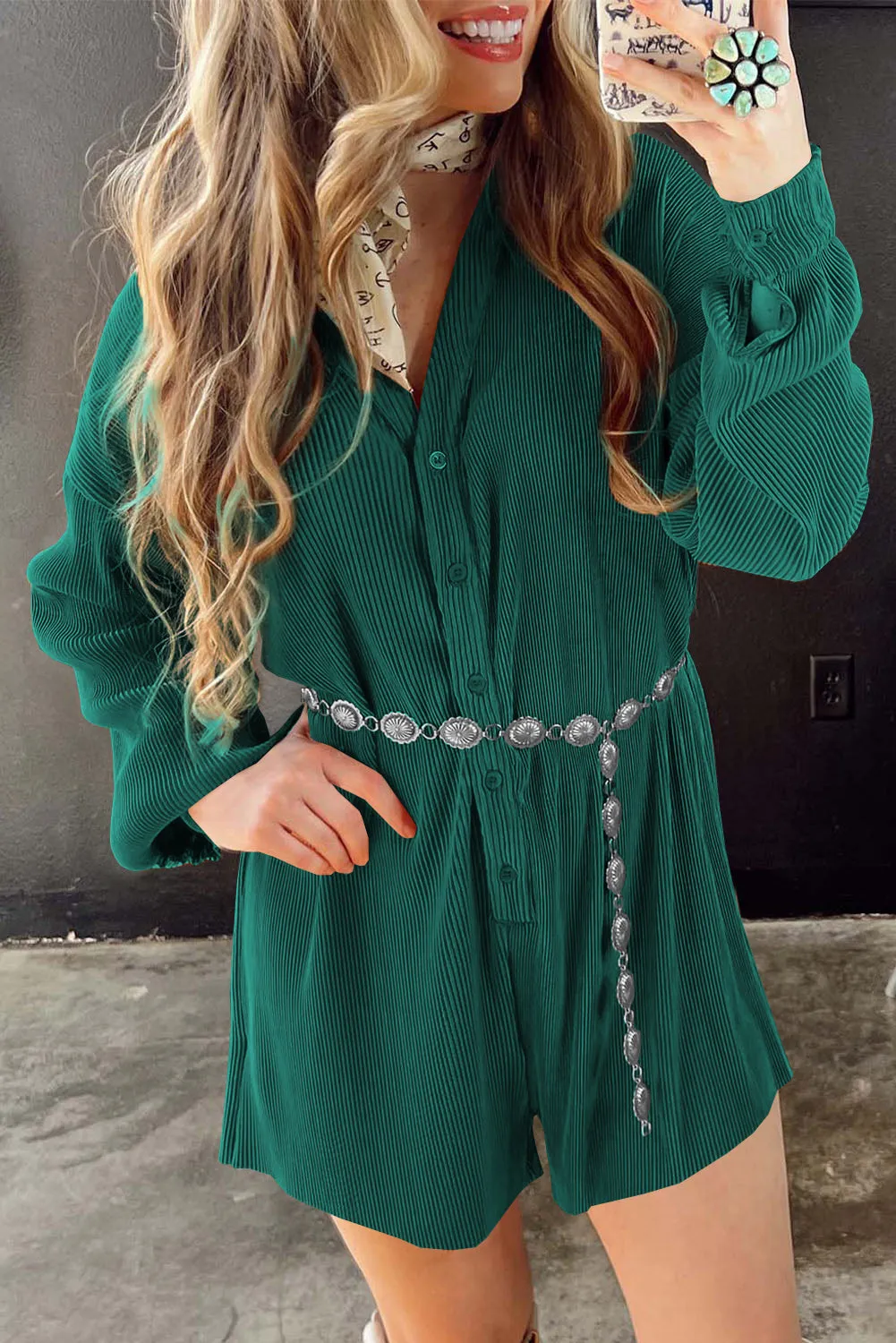 Sea Green Ribbed Long Sleeve Button Front Romper sold by Beagle Boutique product image thumbnail 2