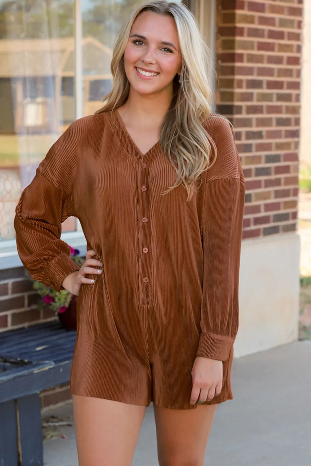 Sea Green Ribbed Long Sleeve Button Front Romper sold by Beagle Boutique product image thumbnail 4