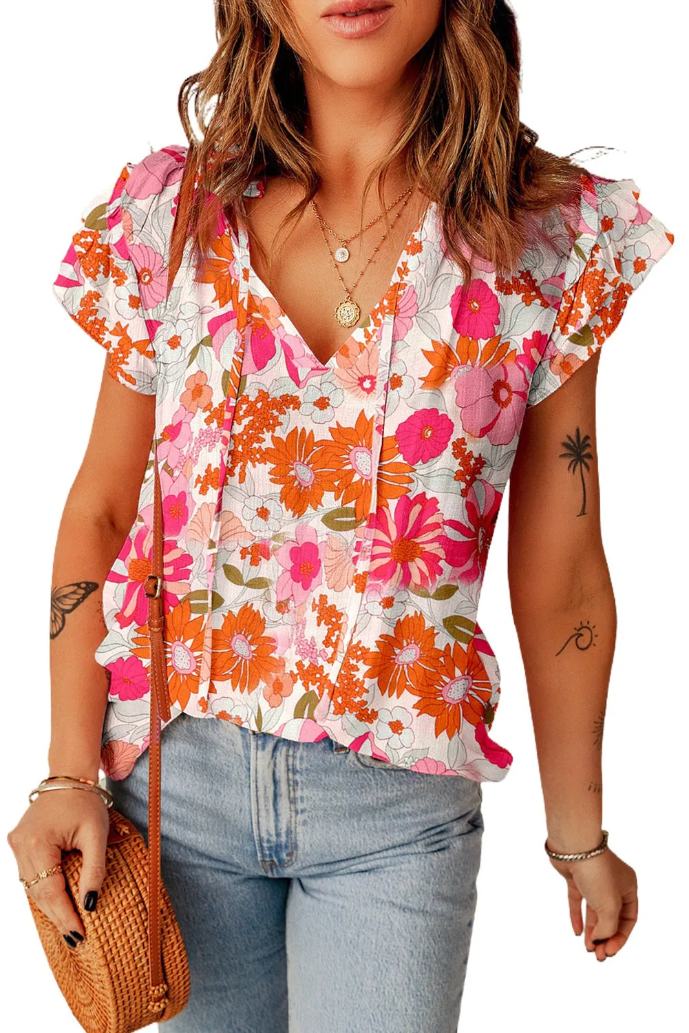 Multicolor Split V Neck Ruffle Sleeve Floral Blouse sold by Beagle Boutique product image thumbnail 3