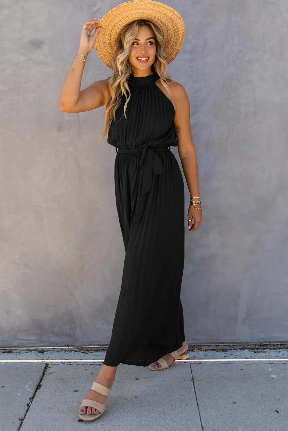 Black Halter Neck Pleated Wide Leg Jumpsuit with Belt sold by Beagle Boutique product image thumbnail 3