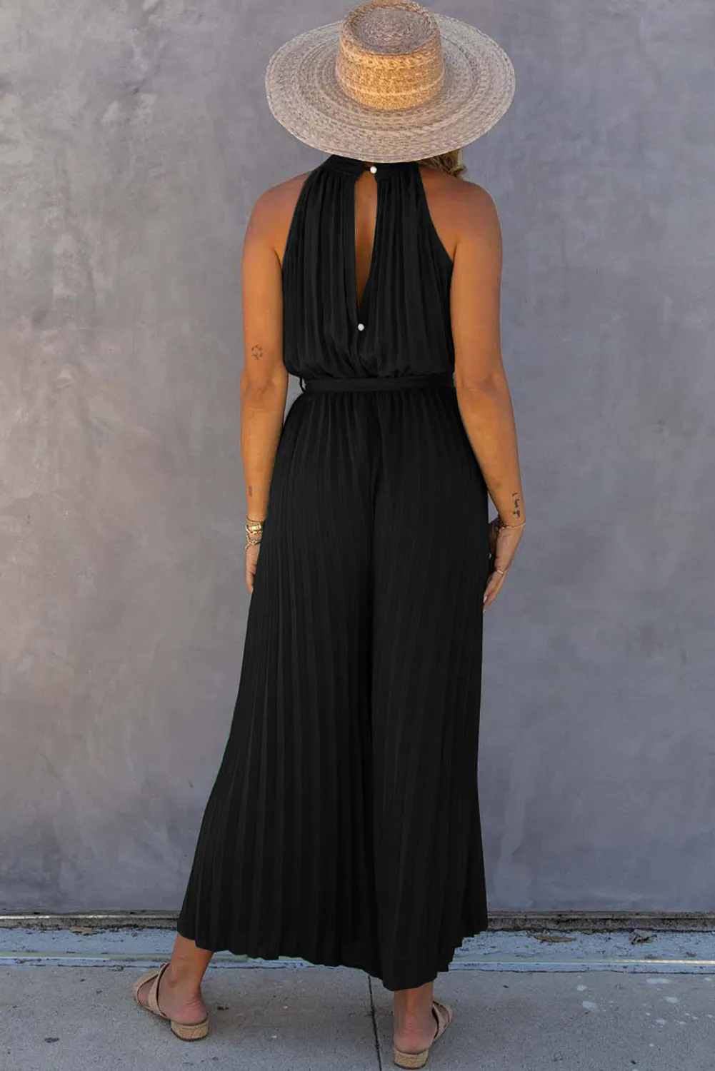 Black Halter Neck Pleated Wide Leg Jumpsuit with Belt sold by Beagle Boutique product image thumbnail 2