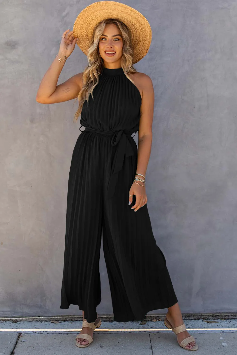 Black Halter Neck Pleated Wide Leg Jumpsuit with Belt sold by Beagle Boutique
