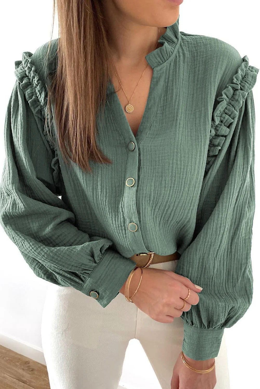Green Frilled Split Neck Crinkled Shirt sold by Beagle Boutique