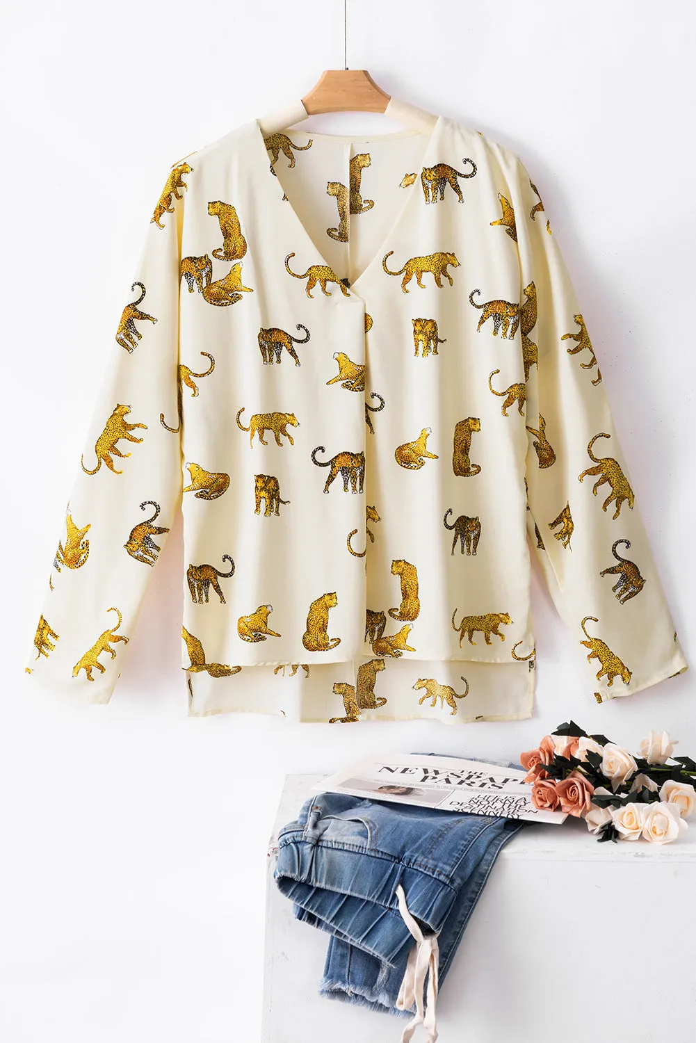 Apricot Printed Leopard Print Tab Sleeve Loose Fit V Neck Blouse sold by Beagle Boutique product image thumbnail 3
