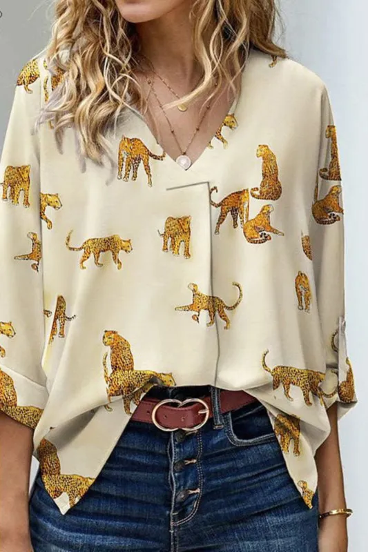 Apricot Printed Leopard Print Tab Sleeve Loose Fit V Neck Blouse made by eAura