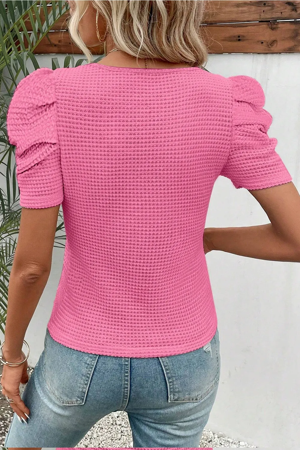 Bright Pink Waffle Knit Ruched Puff Sleeve Top sold by Beagle Boutique product image thumbnail 2