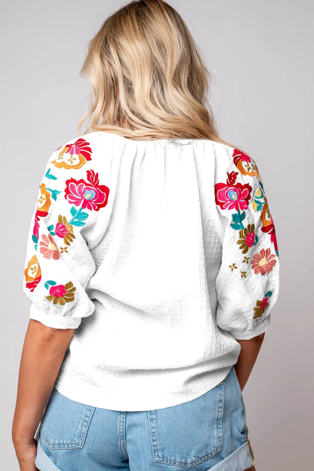 Beige Floral Embroidered Ricrac Puff Sleeve Textured Blouse sold by Beagle Boutique product image thumbnail 5