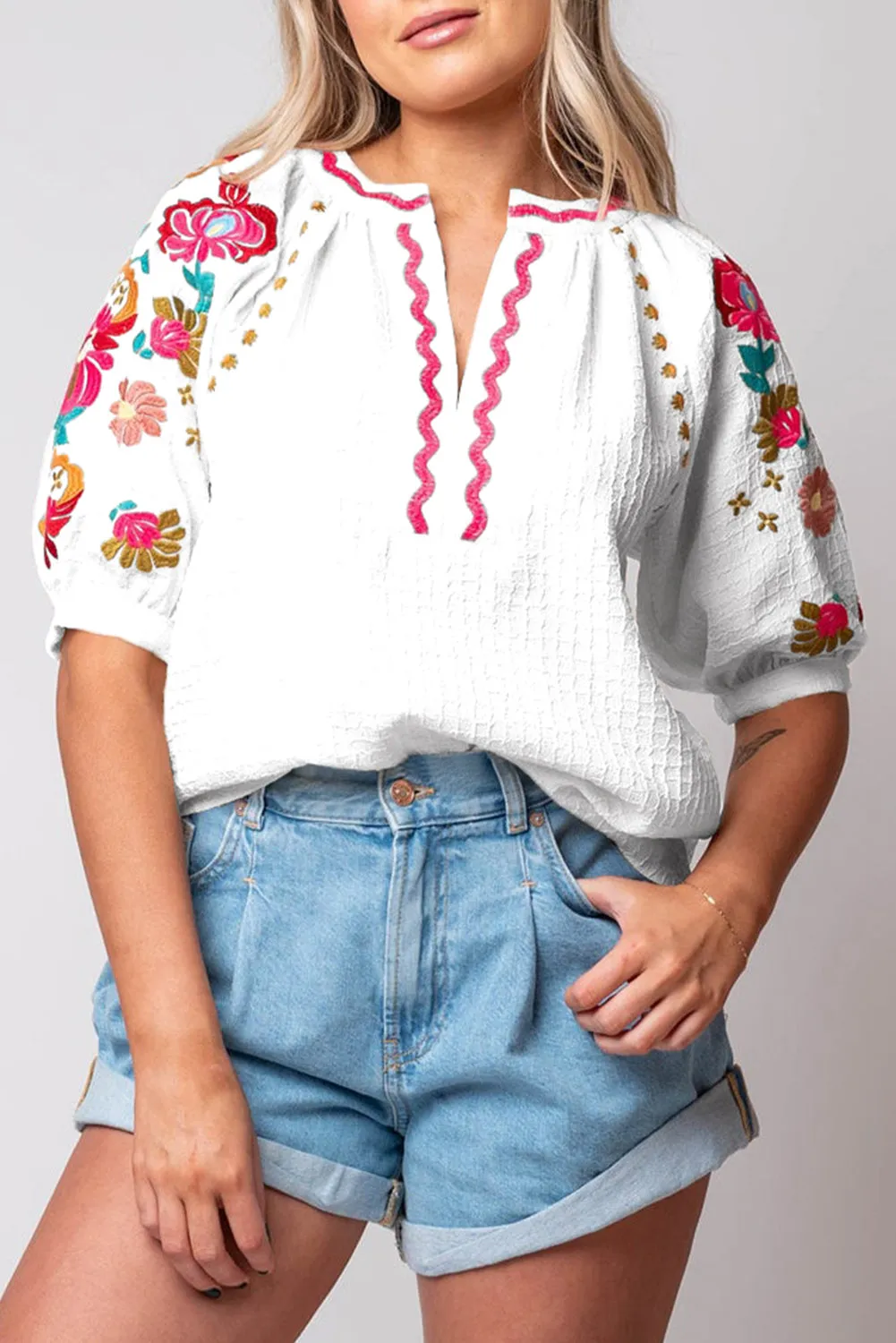Beige Floral Embroidered Ricrac Puff Sleeve Textured Blouse sold by Beagle Boutique product image thumbnail 4