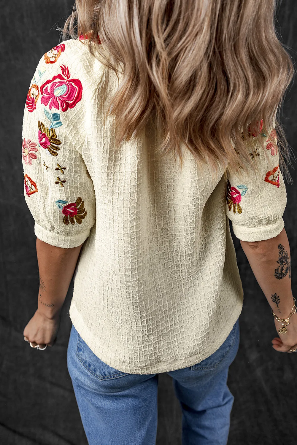 Beige Floral Embroidered Ricrac Puff Sleeve Textured Blouse sold by Beagle Boutique product image thumbnail 2