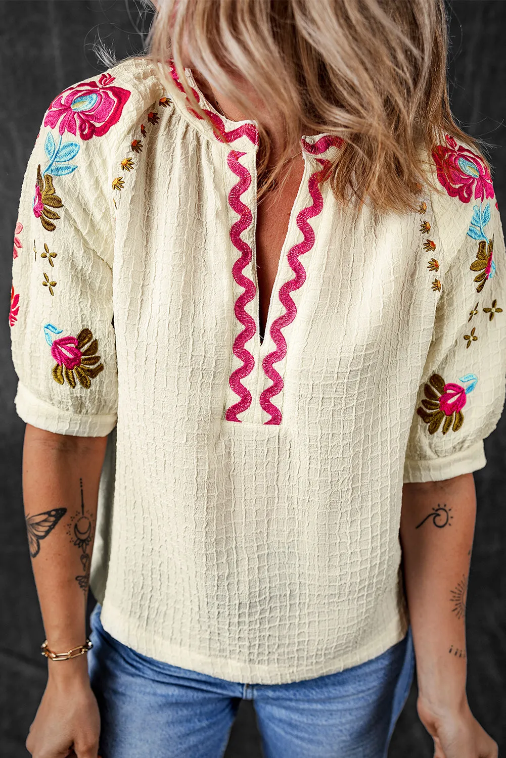Beige Floral Embroidered Ricrac Puff Sleeve Textured Blouse sold by Beagle Boutique