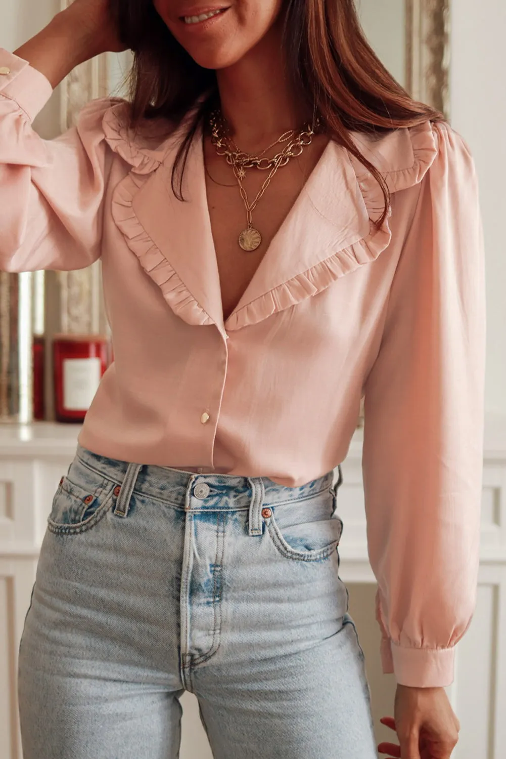 Pink Frilled Lapel Collar Button-Up Puff Sleeve Shirt sold by Beagle Boutique