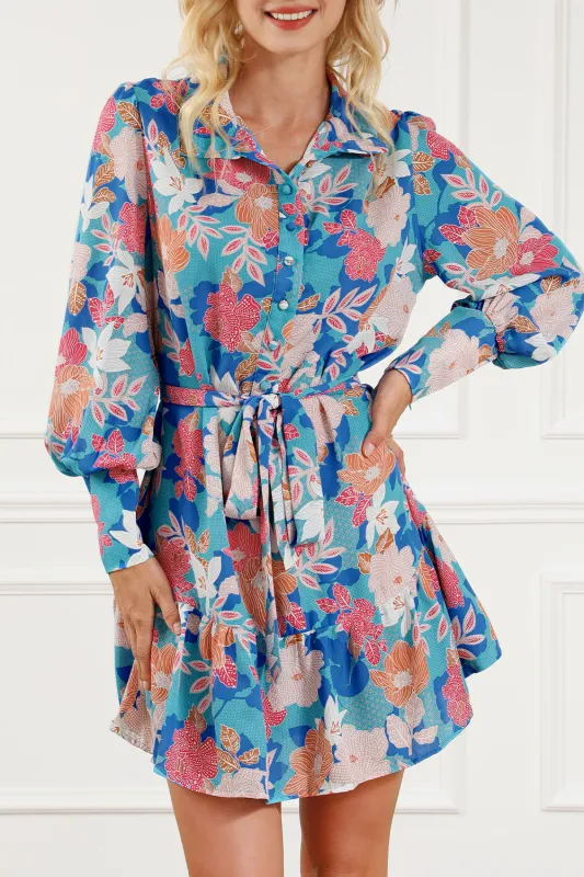 Blue Floral Print Lantern Sleeve Belted Shirt Dress sold by Beagle Boutique