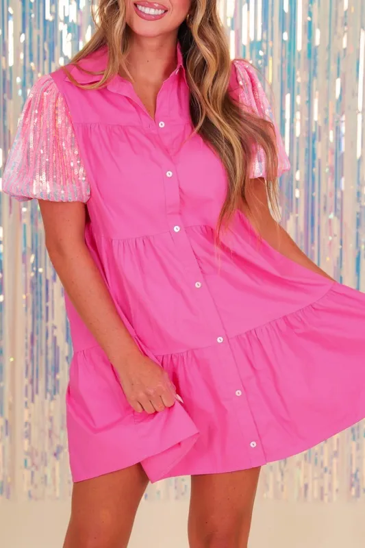Bonbon Sequined Bubble Sleeve Tiered Ruffled Shirt Dress sold by Beagle Boutique