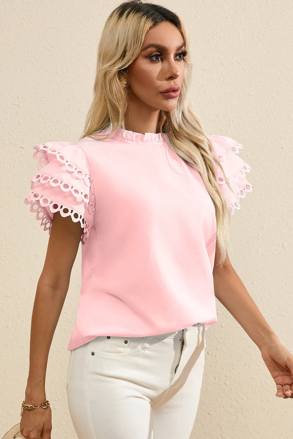 Light Pink Layered Ric Rac Cap Sleeve Frilled Neck Blouse sold by Beagle Boutique product image thumbnail 3
