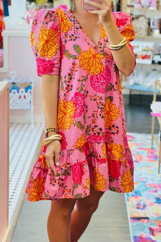 Pink Floral Bubble Sleeve V Neck Ruffled Mini Dress sold by Beagle Boutique