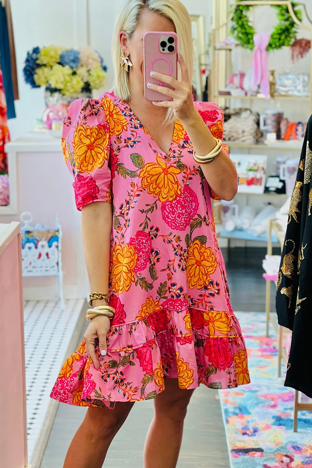 Pink Floral Bubble Sleeve V Neck Ruffled Mini Dress sold by Beagle Boutique product image thumbnail 3