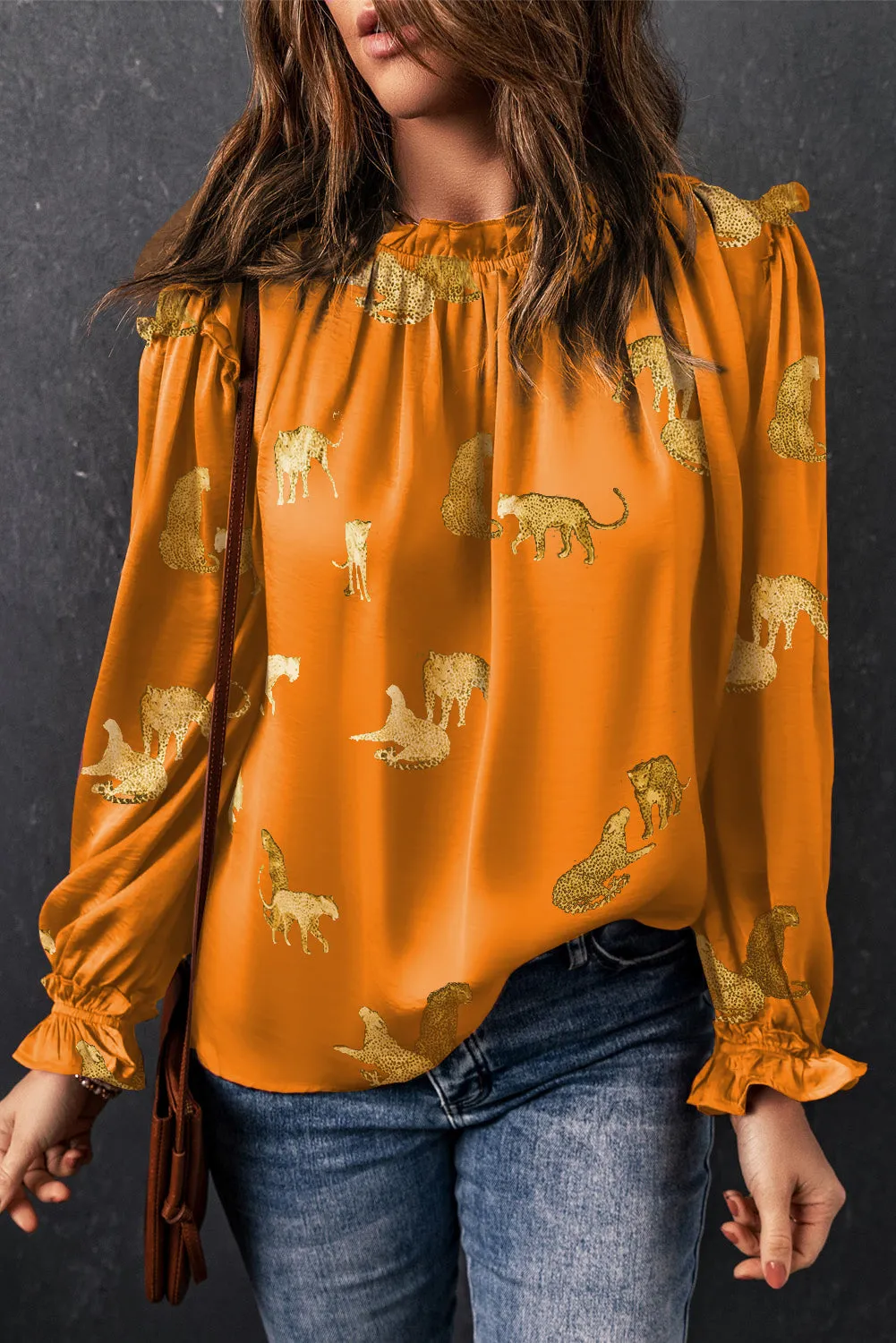 Orange Cheetah Printed Ruffled Sleeve Blouse sold by Beagle Boutique