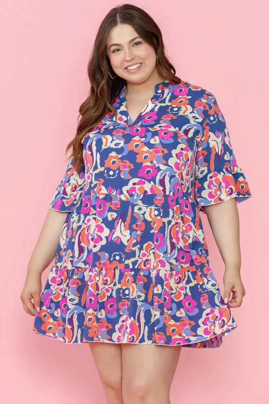 Blue Plus Size Floral Print Ruffled 3/4 Sleeve Mini Dress sold by Beagle Boutique