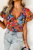 Orange Floral Print Puff Sleeve Ruched V Neck Blouse sold by Beagle Boutique