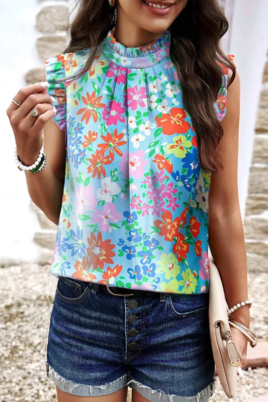 Sky Blue Frilled Collar Floral Vest sold by Beagle Boutique
