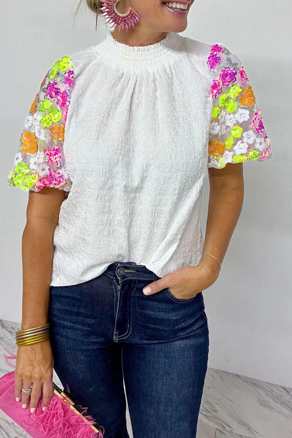 White Smocked Collar Sequin Flower Puff Sleeve Textured Top sold by Beagle Boutique
