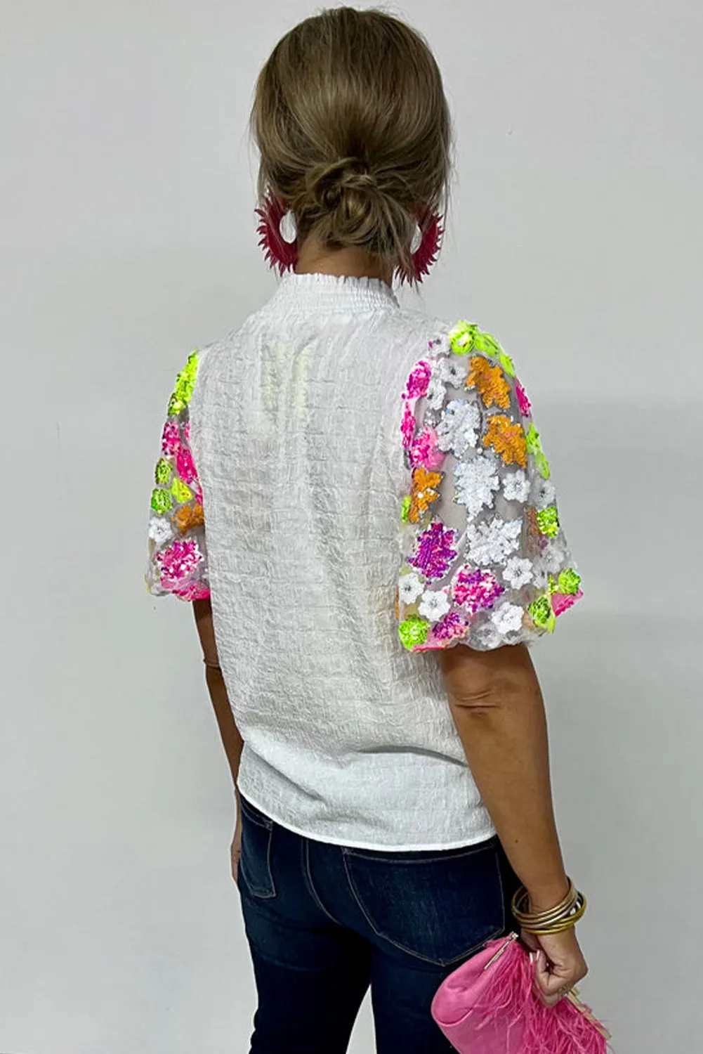 White Smocked Collar Sequin Flower Puff Sleeve Textured Top sold by Beagle Boutique product image thumbnail 2