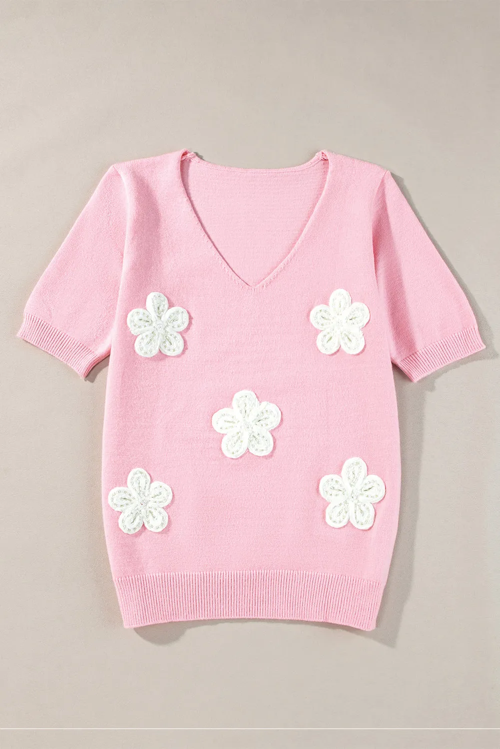 Pink Flower Crochet V Neck Short Sleeve Sweater sold by Beagle Boutique product image thumbnail 3