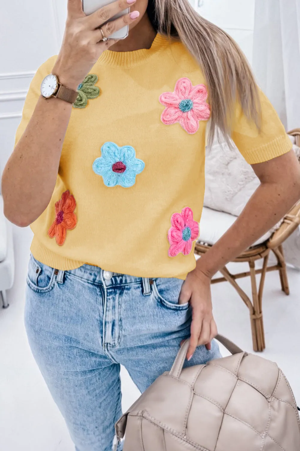 Yellow Cream Cute Flower Applique Short Sleeve Sweater sold by Beagle Boutique