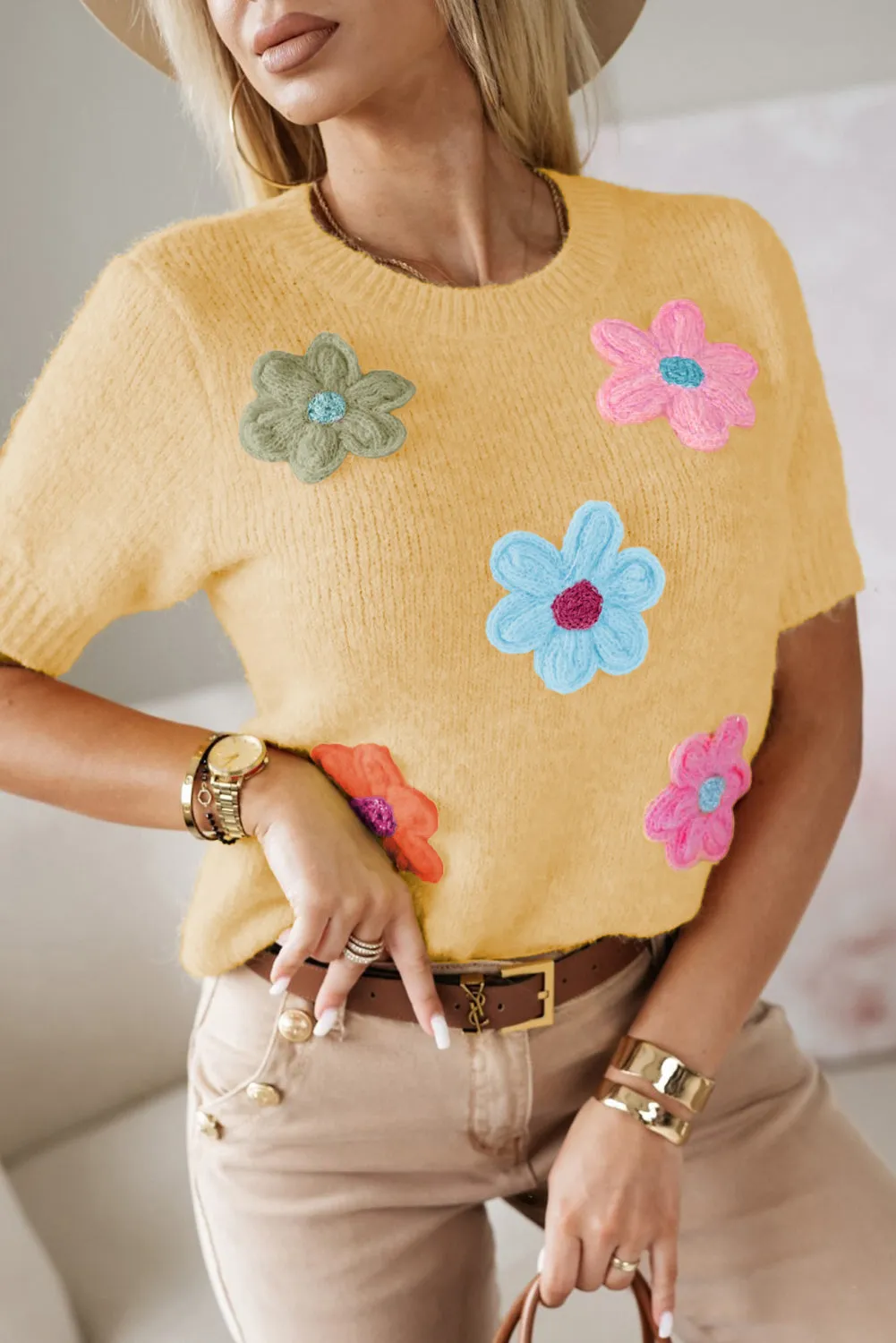 Yellow Cream Cute Flower Applique Short Sleeve Sweater sold by Beagle Boutique product image thumbnail 3