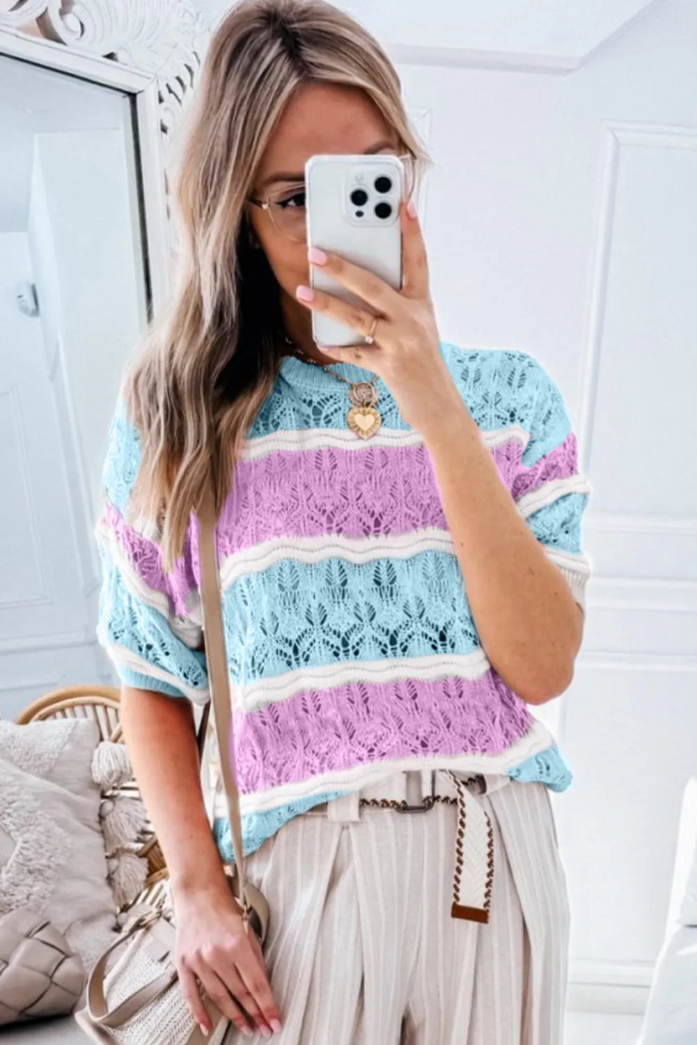 Purple Stripe Colour Block Hollow Out Crochet Half Sleeve Sweater sold by Beagle Boutique product image thumbnail 3